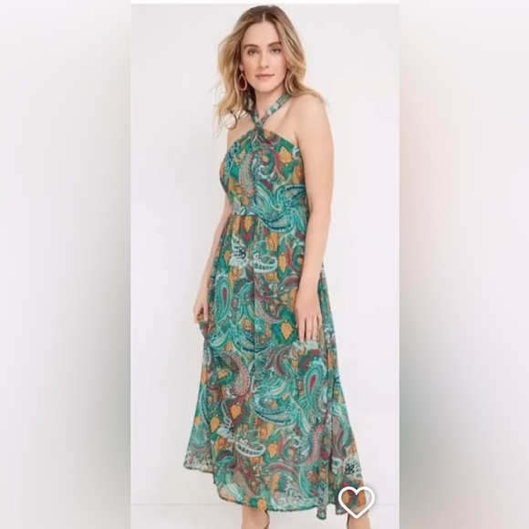 NWT Maurices Green Paisley Halter Flowy Dress | Boho Chic | Size Small - Picture 2 of 9